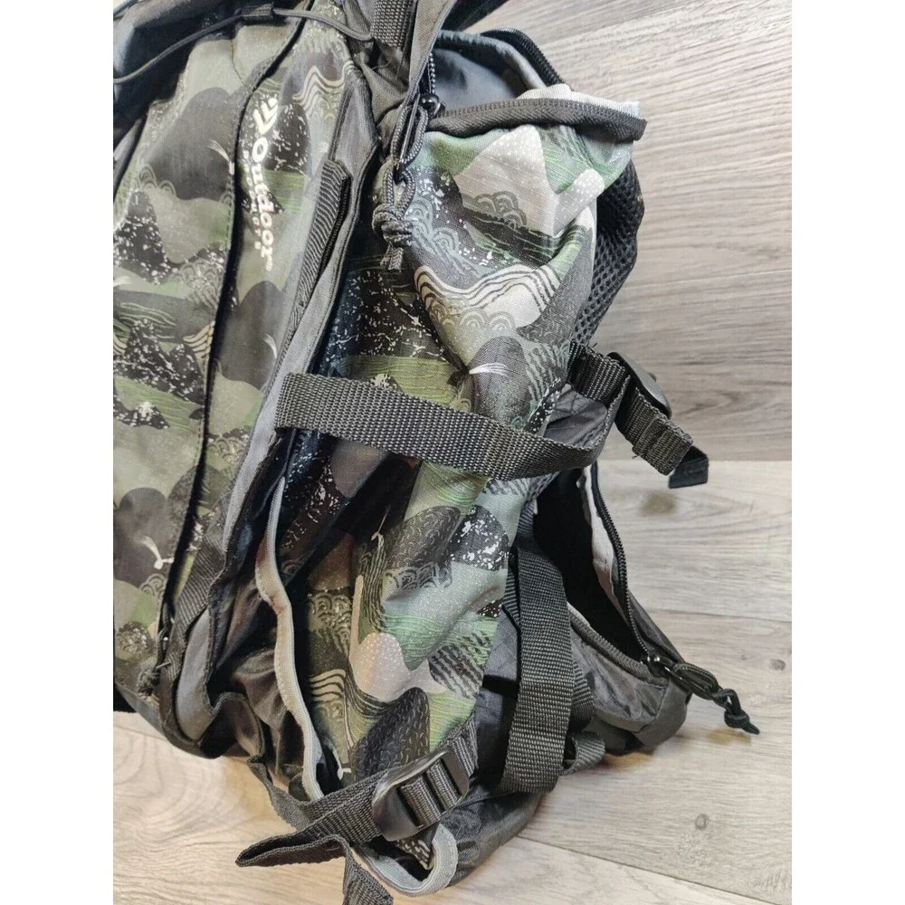 Outdoor Products Backpack Camouflage Black With Green, Multi Pockets.